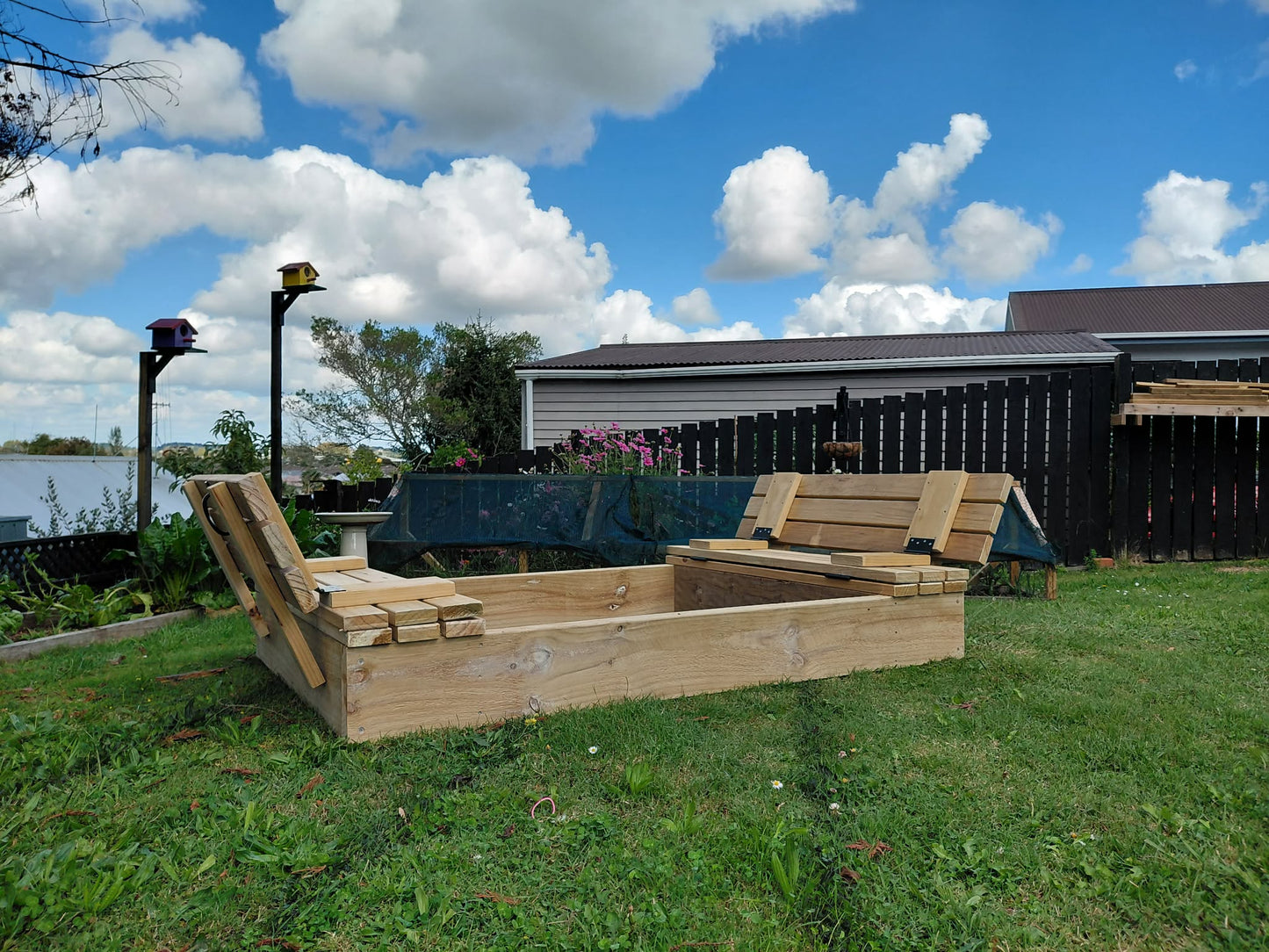 Outdoor Wooden Sandpit with Fold-Out Seats NZ – 1800 x 1200 Pine Kids Sandpit - Stronghold Outdoor Furniture & Buildings