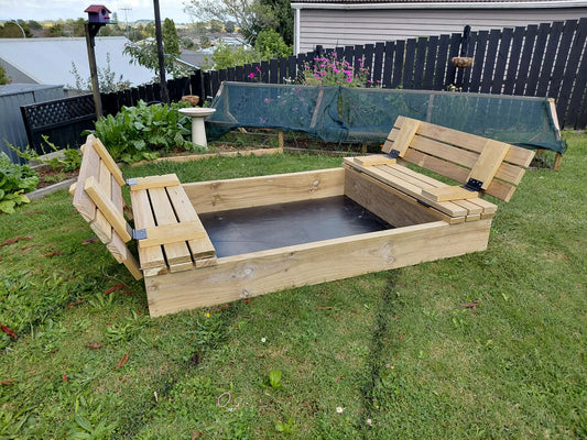 Outdoor Wooden Sandpit with Fold-Out Seats NZ – 1800 x 1200 Pine Kids Sandpit - Stronghold Outdoor Furniture & Buildings
